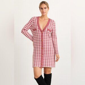 FIGARO Pink White Houndstooth Cardigan Dress Size 3 Long Sleeve Made in Greece